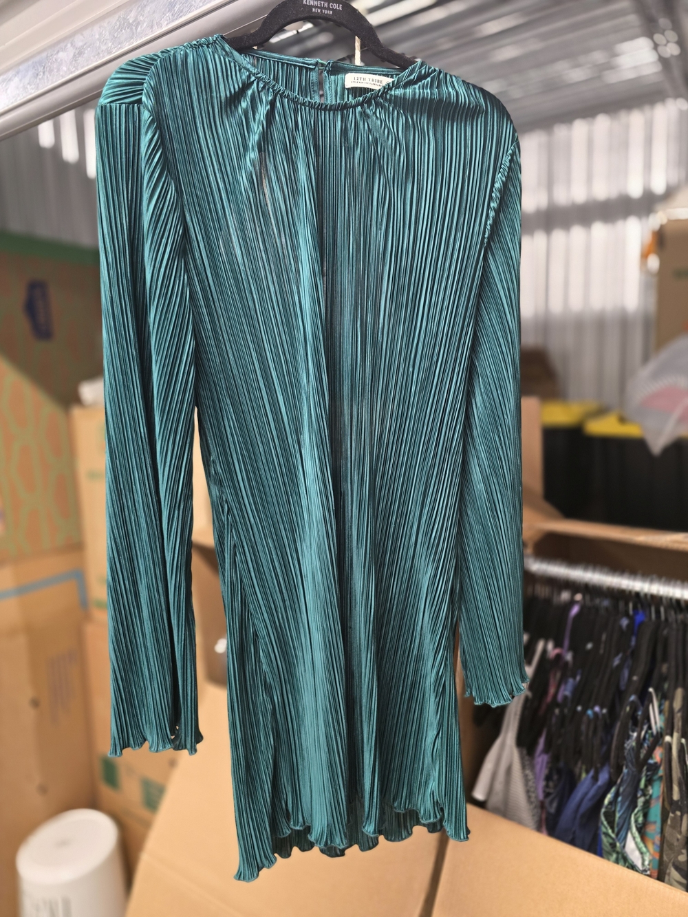 12th Tribe Teal Pleated Long Sleeve Mini Dress